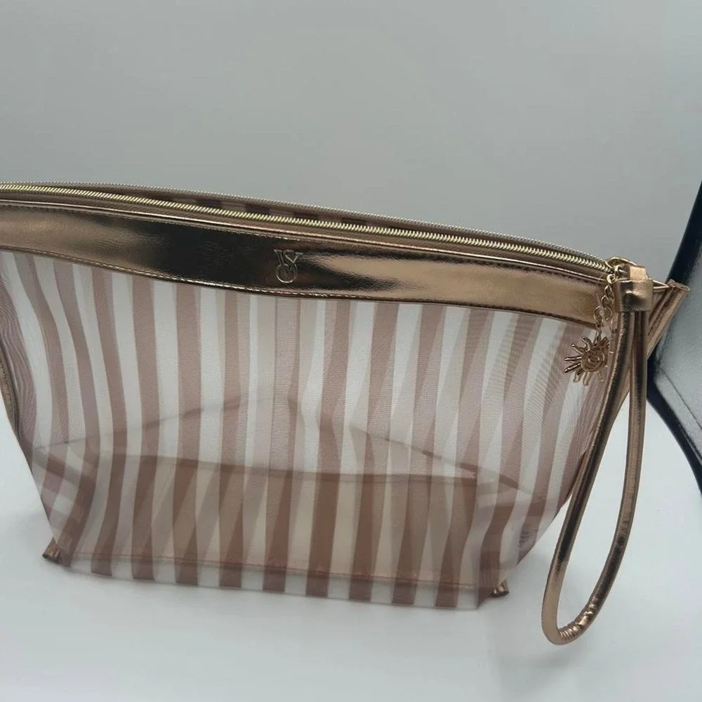 NWT Victoria's Secret Stripe Clear Cosmetic Bag Rose Gold Metallic Makeup Pouch